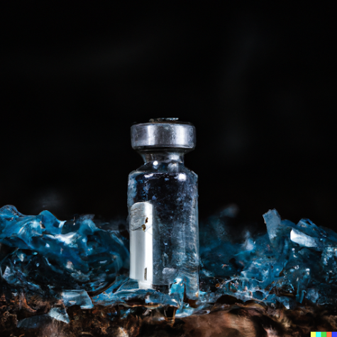 Image generated by DALLE-AI with prompt: “close up of a crushed insulin vial with a dark junkyard in the background”