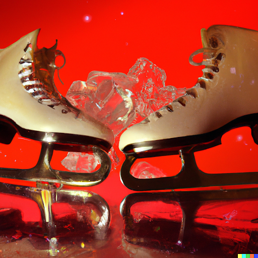 Image generated by DALLE-AI with prompt: “figure skates on red ice”