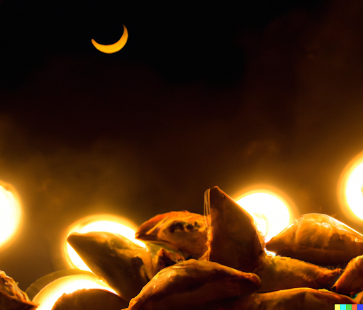 Image generated by DALLE-AI with the prompt: a crescent moon in the sky illuminating a buffet of samosas 
