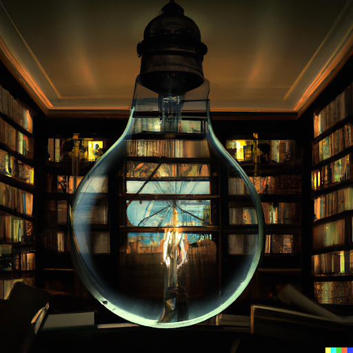 Image generated by Dalle-AI with prompt: A dark academia style edison light bulb lighting a library in the style of surrealism