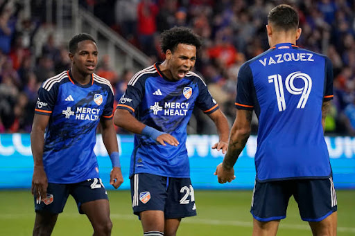 CINCINNATI, OHIO - APRIL 26: Arquimides Ordóñez #29 of FC Cincinnati celebrates with Brandon Vazquez #19 and Malik Pinto #26 after scoring a goal in a U.S. Open Cup soccer match against Louisville City at TQL Stadium on April 26, 2023 in Cincinnati, Ohio. (Photo by Jeff Dean/Getty Images)