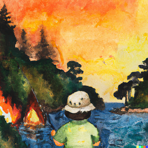 Image generated by DALLE-AI with prompt: “A watercolor drawing image of the back profile of a little boy fishing in the Pacific Ocean. The background of the image has a forest of trees that are on fire. The sky is an orangey brown, and yellow color and green trees have flames coming out of them. The water is a dark blue color.”
