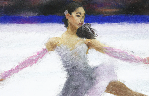 Image generated by Dalle-AI with prompt: “Impressionism style of a girl figure skating at the Olympics