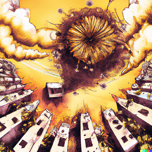 Image generated by DALLE-AI with prompt:  A masquerade of cannons descending on to a small town of apartments in the shape of a dandelion. Art is created in a surreal dystopian style.