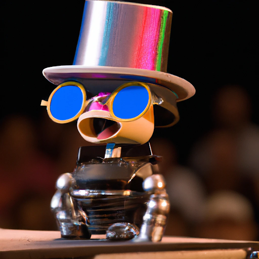Image generated with DALLE-AI using prompt: “A robot wearing a funny looking pair of glasses and a ridiculously colored hat on a stage doing a stand up comedy show for a crowd of humans. The humans are unamused. ”
