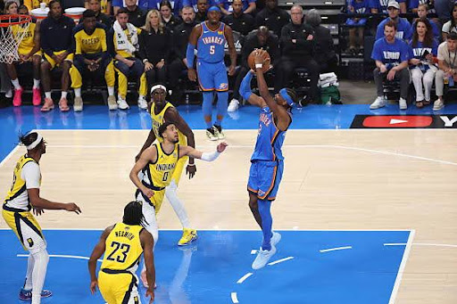 OKLAHOMA CITY, OK - JUNE 8: Shai Gilgeous-Alexander #2 of the Oklahoma City Thunder shoots the ball during the game against the Indiana Pacers during Game 2 of the 2025 NBA Finals on June 8, 2025 at Paycom Center in Oklahoma City, Oklahoma. NOTE TO USER: User expressly acknowledges and agrees that, by downloading and or using this photograph, User is consenting to the terms and conditions of the Getty Images License Agreement. Mandatory Copyright Notice: Copyright 2025 NBAE (Photo by Joe Murphy/NBAE via Getty Images)