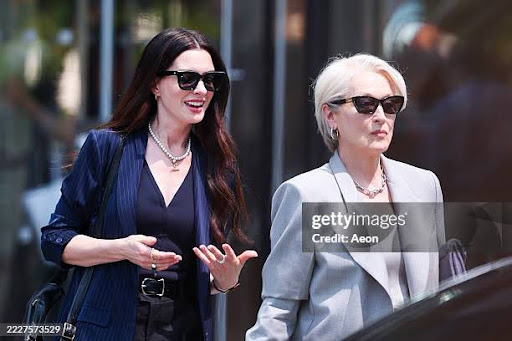 Meryl Streep and Anne Hathaway are seen on the set of "The Devil Wears Prada 2" in Hudson Yards on July 29, 2025 in New York City. (Photo by Aeon/GC Images)