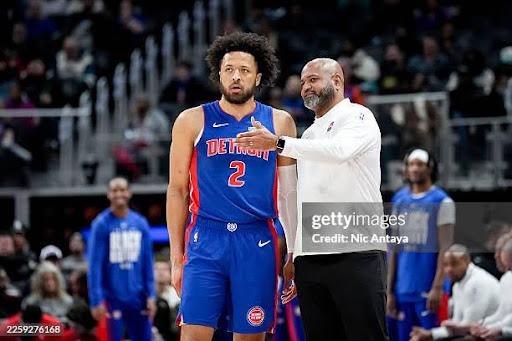  Cade Cunningham #2 talks with head coach J.B. Bickerstaff of the Detroit Pistons during the first quarter against the Denver Nuggets at Little Caesars Arena on February 03, 2026 in Detroit, Michigan. (Photo by Nic Antaya/Getty Images)