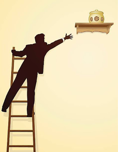 Business person on a ladder reaching to steal a cookie from the cookie jar.  Files included – jpg, ai (version 8 and CS3), svg, and eps (version 8)