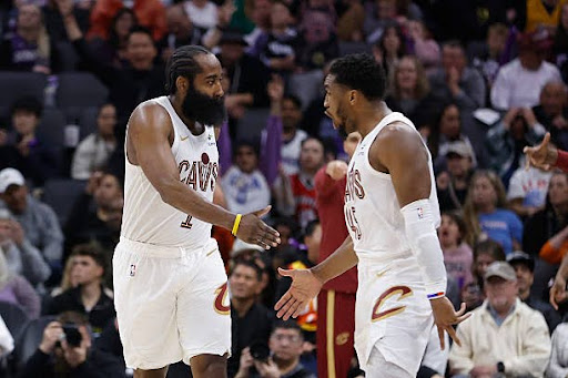 SACRAMENTO, CALIFORNIA - FEBRUARY 07: James Harden #1 of the Cleveland Cavaliers celebrates with Donovan Mitchell #45 after making a three-point shot in the fourth quarter against the Sacramento Kings at Golden 1 Center on February 07, 2026 in Sacramento, California. NOTE TO USER: User expressly acknowledges and agrees that, by downloading and or using this photograph, User is consenting to the terms and conditions of the Getty Images License Agreement. (Photo by Lachlan Cunningham/Getty Images)