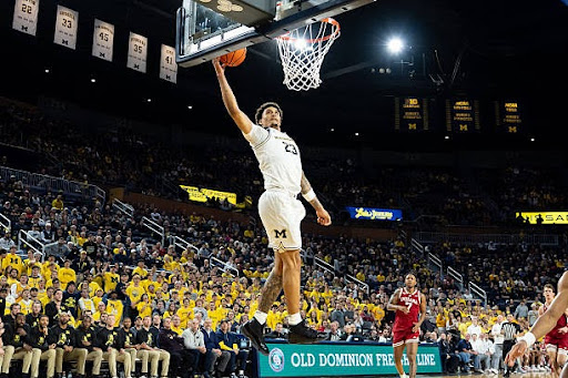 Yaxel Lendeborg #23 of the Michigan Wolverines eyes the basket during the second half against the Indiana Hoosiers at Crisler Arena on January 20, 2026 in Ann Arbor, Michigan. (Photo by Jaime Crawford/Getty Images)