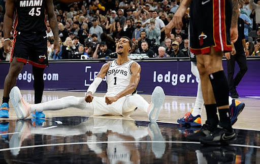 Victor Wembanyama #1 of the San Antonio Spurs celebrates after scoring against the Miami Heat in the second half at Frost Bank Center on October 30, 2025 in San Antonio, Texas. (Photo by Ronald Cortes/Getty Images)