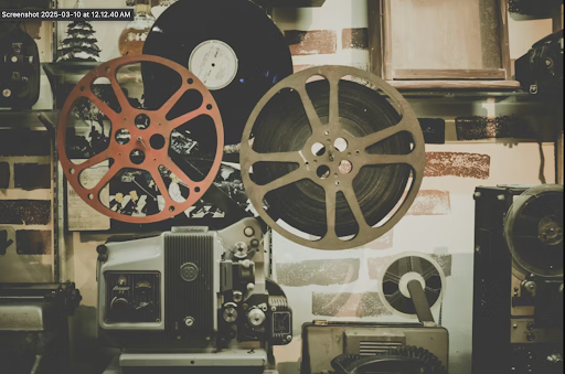 This photo shows multiple different film reels and speakers in front of a white wall with tape.
