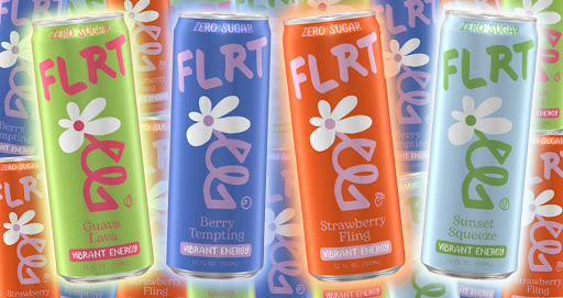 This photo shows the 4 flavors of FLRT: Guava Lava, Berry Tempting, Strawberry Fling, and Sunset Squeeze.